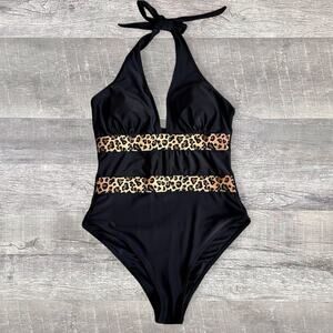 Cupshe NEW Midnight Leopard Halter One Piece Swimsuit Womens M Black V Neck
